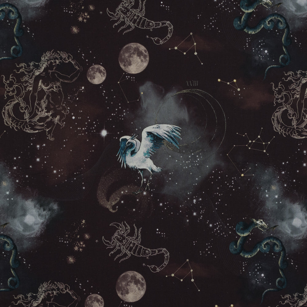 Cotton Voile - Burgundy Celestial Birds - Apollo's Disguise Burgundy Print - Mood Exclusive Gaia Collection
