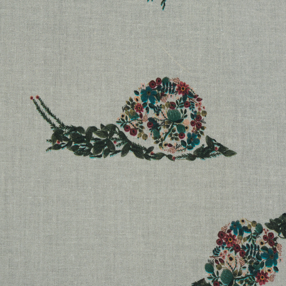 Cotton Voile - White Floral Snails - The Snail's Bounty Print - Mood Exclusive Gaia Collection