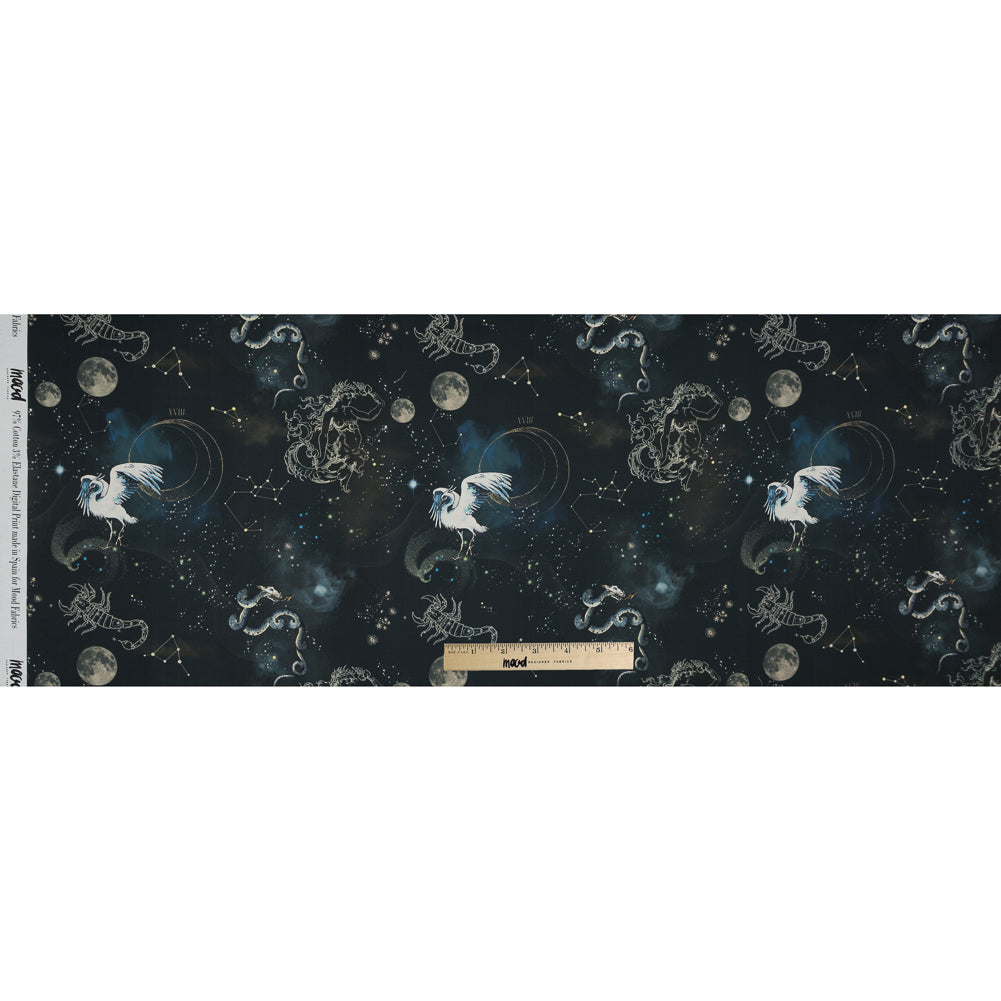 Stretch Cotton Sateen - Navy Celestial Birds - Apollo's Disguise Print - Mood Exclusive Gaia Collection