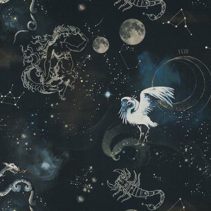 Stretch Cotton Sateen - Navy Celestial Birds - Apollo's Disguise Print - Mood Exclusive Gaia Collection