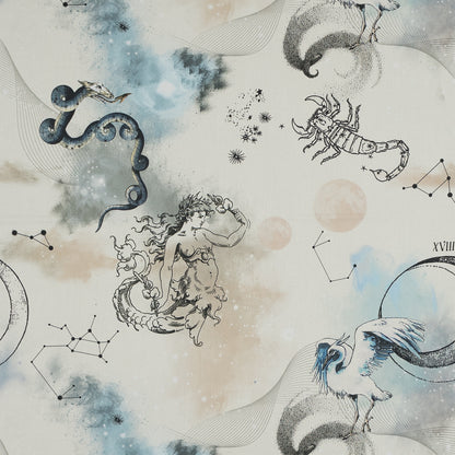 Stretch Cotton Sateen - Beige Celestial Birds - Apollo's Disguise Beige Print - Mood Exclusive Gaia Collection