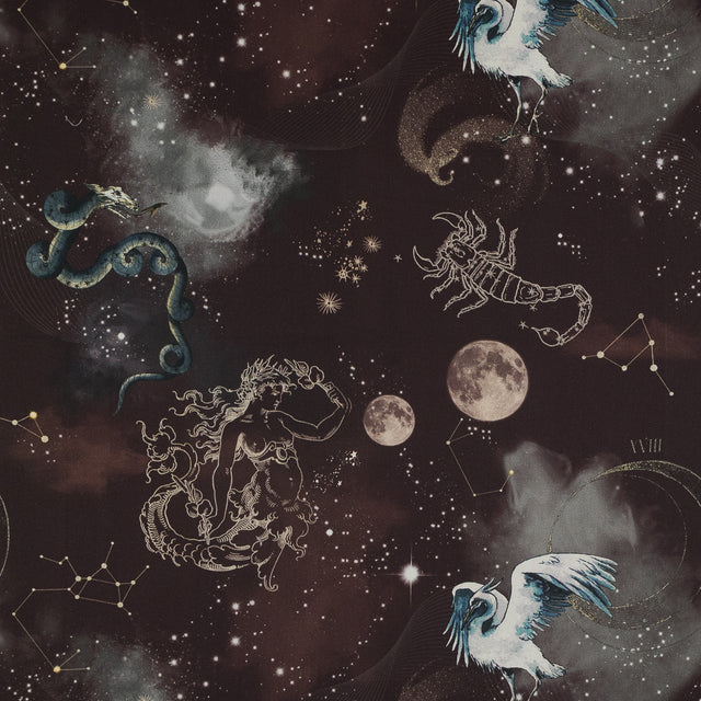 Stretch Cotton Sateen - Burgundy Celestial Birds - Apollo's Disguise Burgundy Print - Mood Exclusive Gaia Collection