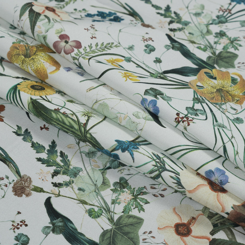 Stretch Cotton Sateen - White Floral - Persephone's Bouquet Print - Mood Exclusive Gaia Collection - Folded