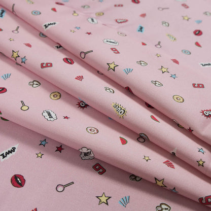 Stretch Cotton Sateen - Pink Pop Icons - Pink Candy and Combat Print - Mood Exclusive Comic Collection