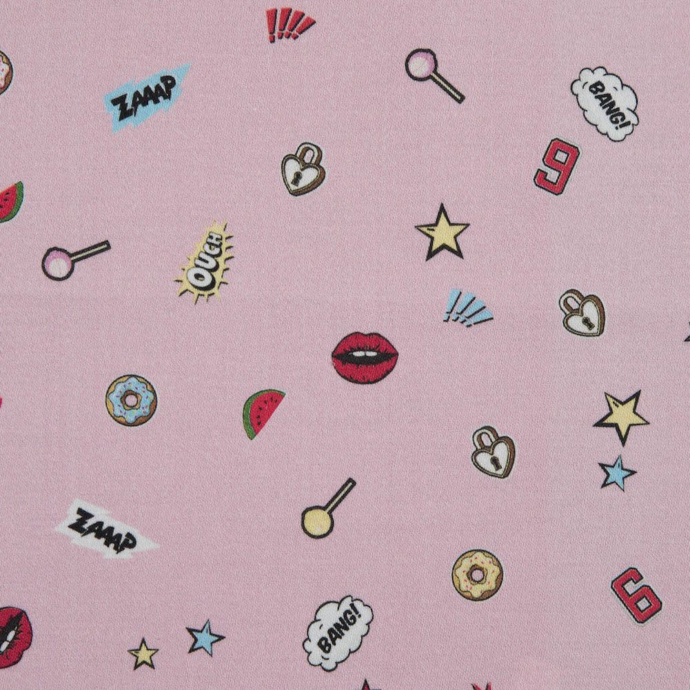 Stretch Cotton Sateen - Pink Pop Icons - Pink Candy and Combat Print - Mood Exclusive Comic Collection