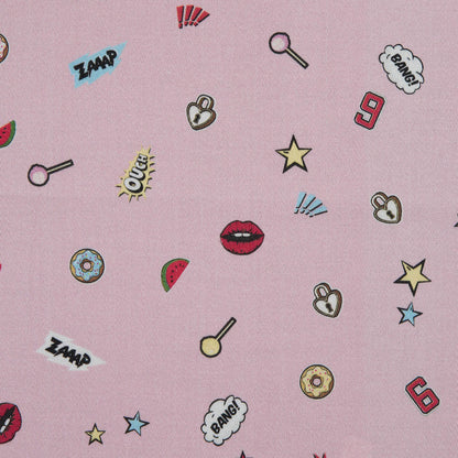 Stretch Cotton Sateen - Pink Pop Icons - Pink Candy and Combat Print - Mood Exclusive Comic Collection