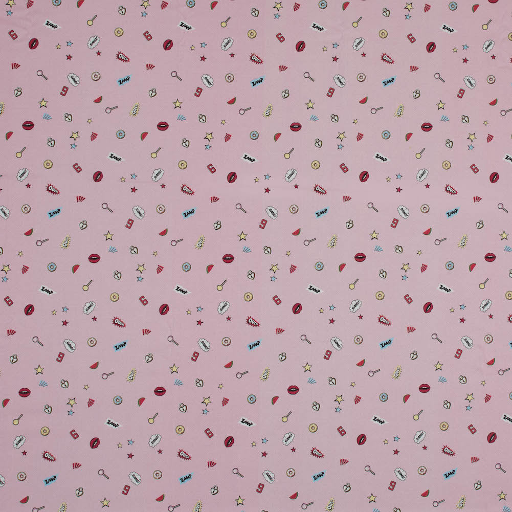 Stretch Cotton Sateen - Pink Pop Icons - Pink Candy and Combat Print - Mood Exclusive Comic Collection