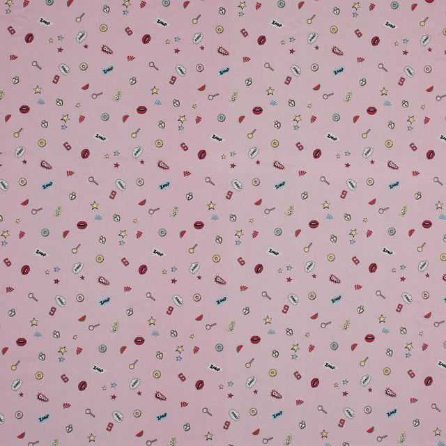 Stretch Cotton Sateen - Pink Pop Icons - Pink Candy and Combat Print - Mood Exclusive Comic Collection