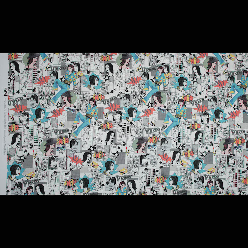 Stretch Cotton Sateen - White Pop Icons - White Fashionably Late Print - Mood Exclusive Comic Collection - Full
