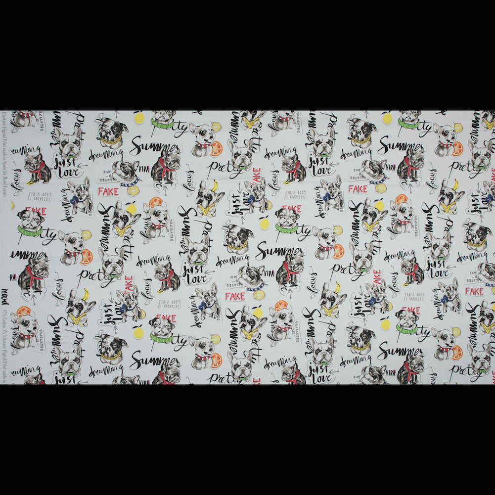 Stretch Cotton Sateen - White Dogs and Text - White Dog Days Print - Mood Exclusive Comic Collection