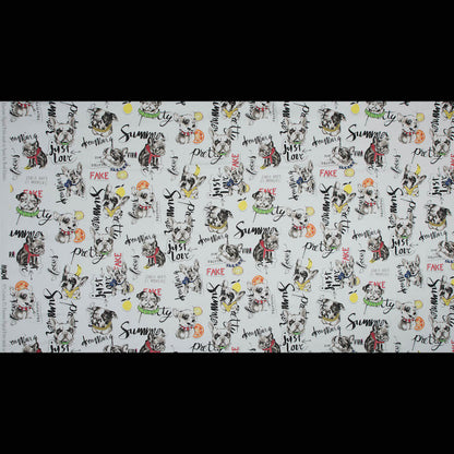 Stretch Cotton Sateen - White Dogs and Text - White Dog Days Print - Mood Exclusive Comic Collection