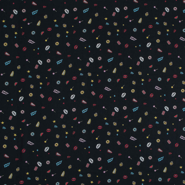 Cotton Voile - Black Pop Icons - Black Candy and Combat Print - Mood Exclusive Comic Collection