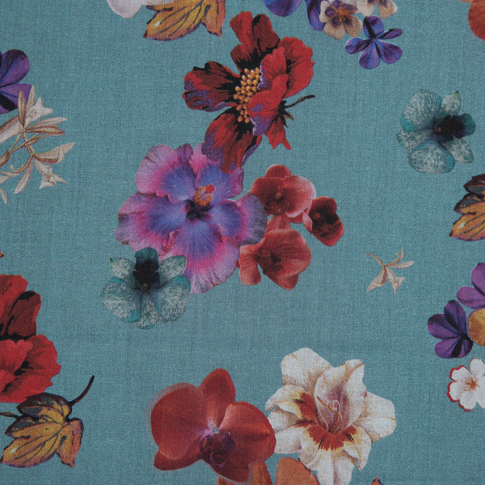 Voile de algodón - Estampado floral azul - Estampado de flores prensadas - Colección botánica exclusiva de Mood