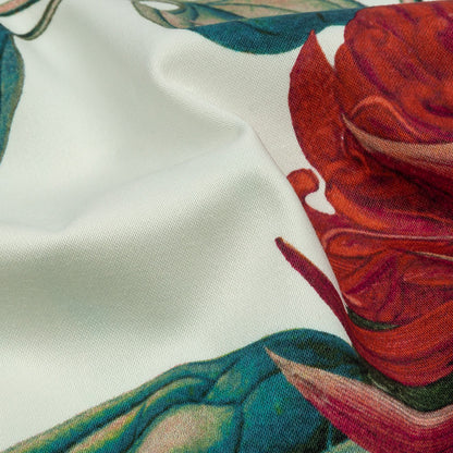 Stretch Cotton Sateen - Red and Green Floral - Paintbrush Lily Print - Mood Exclusive Aloha Collection