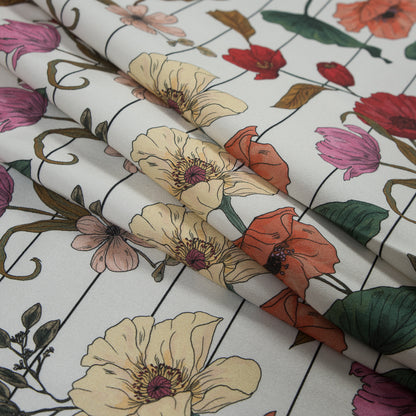 Stretch Cotton Sateen - Red and Yellow Flowers on Pinstripes - A Morning Hello Print - Mood Exclusive Aloha Collection