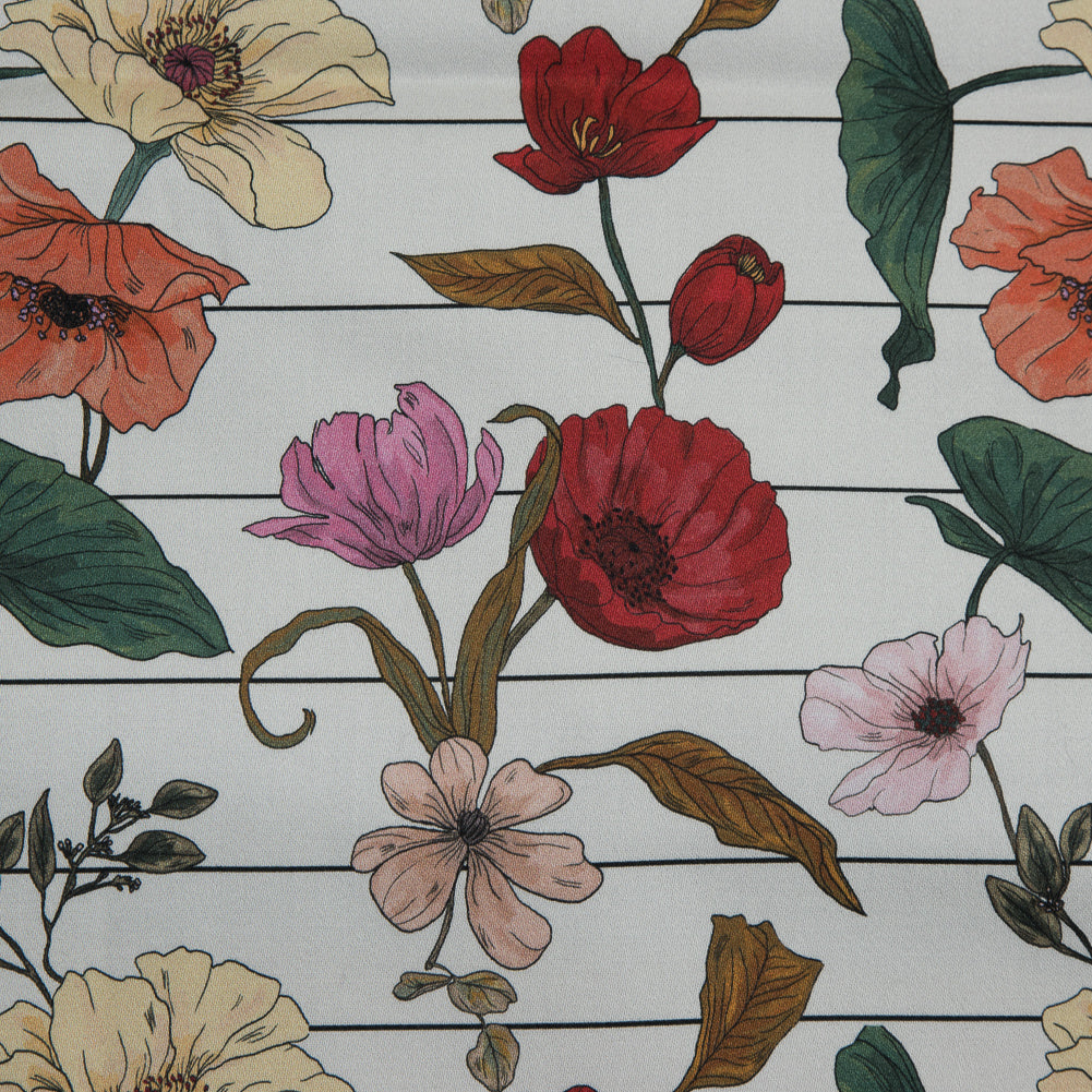 Stretch Cotton Sateen - Red and Yellow Flowers on Pinstripes - A Morning Hello Print - Mood Exclusive Aloha Collection - Detail