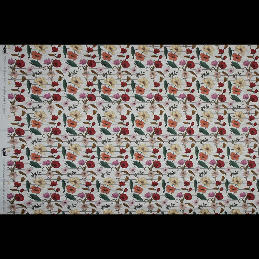 Stretch Cotton Sateen - Red and Yellow Flowers on Pinstripes - A Morning Hello Print - Mood Exclusive Aloha Collection - Full