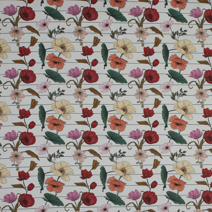 Stretch Cotton Sateen - Red and Yellow Flowers on Pinstripes - A Morning Hello Print - Mood Exclusive Aloha Collection