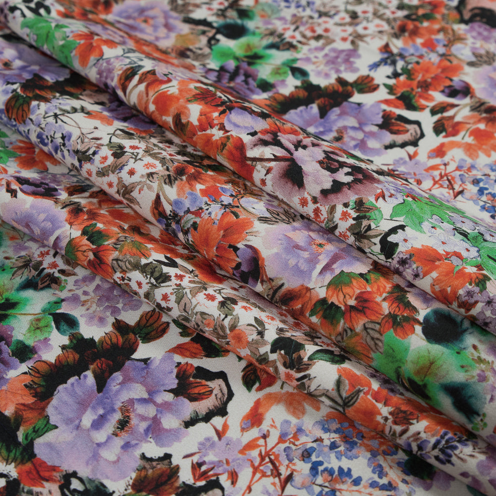 Stretch Cotton Sateen - Orange and Purple Floral - Wild Lantana Print - Mood Exclusive Aloha Collection