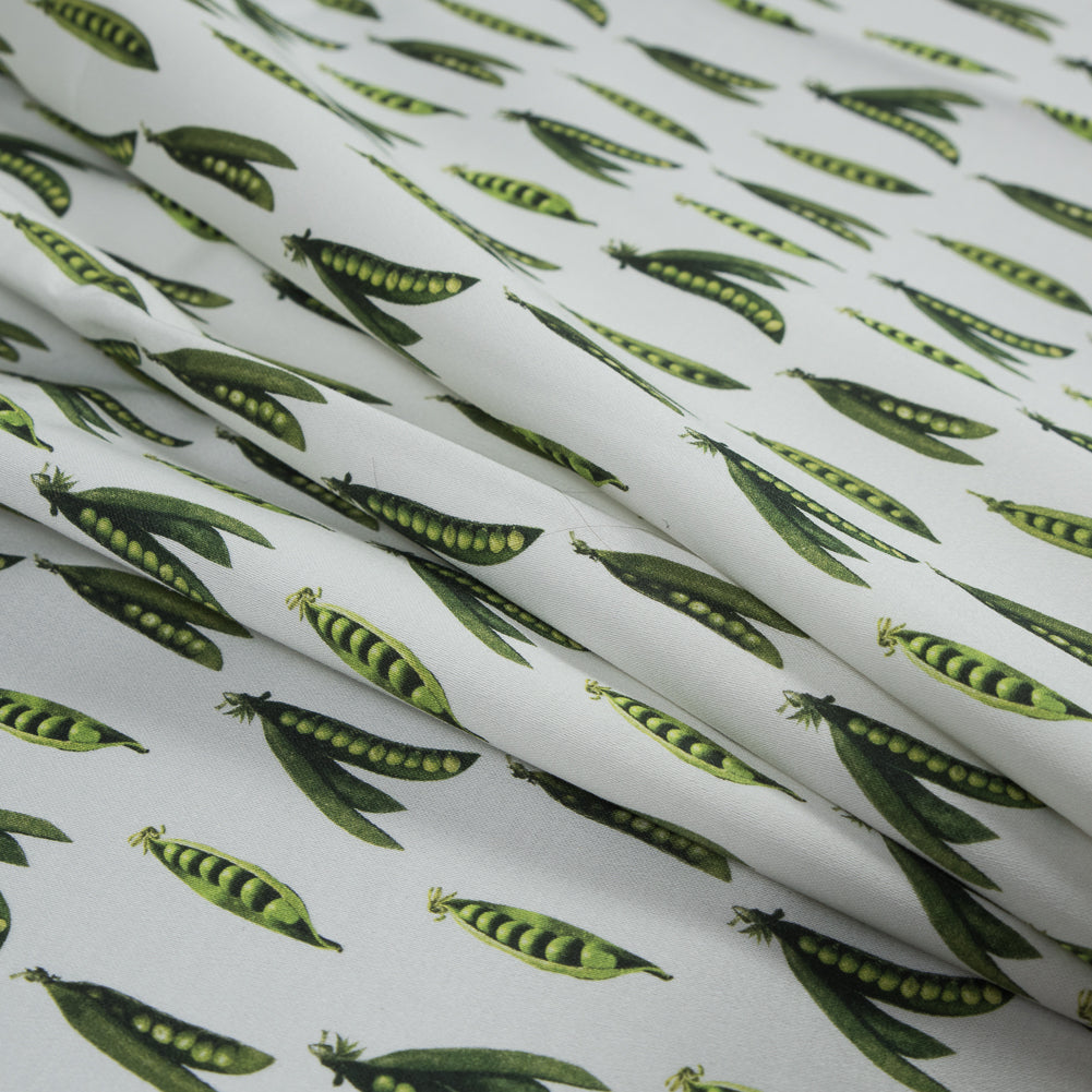 Stretch Cotton Sateen - White and Green Pea Pods - January Peas Print - Mood Exclusive Aloha Collection