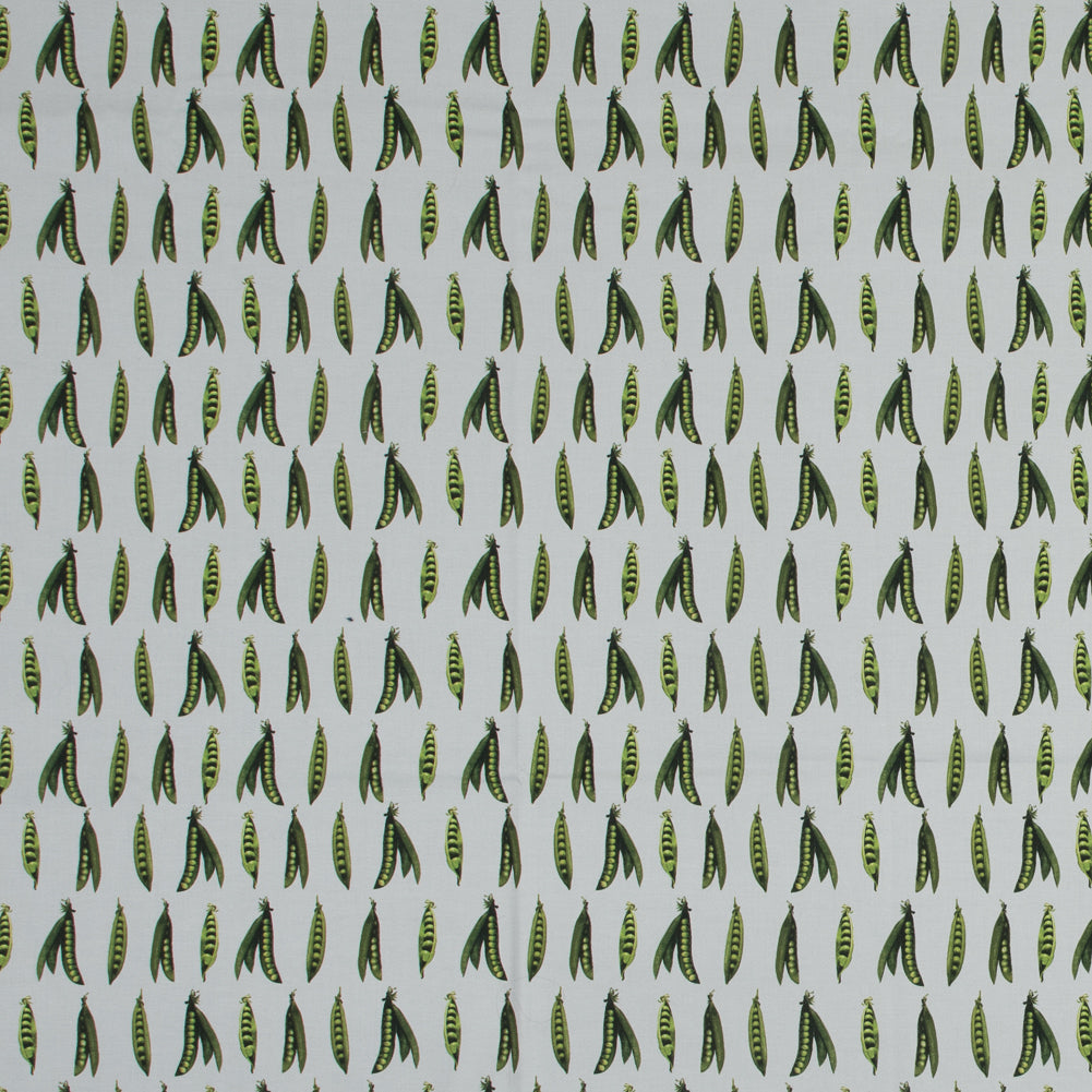 Stretch Cotton Sateen - White and Green Pea Pods - January Peas Print - Mood Exclusive Aloha Collection