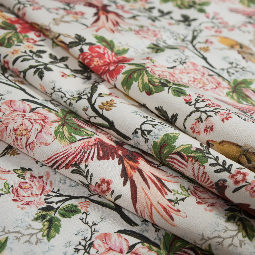 Stretch Cotton Sateen - - Parrots Play Amongst Flowers Print - Mood Exclusive Aloha Collection