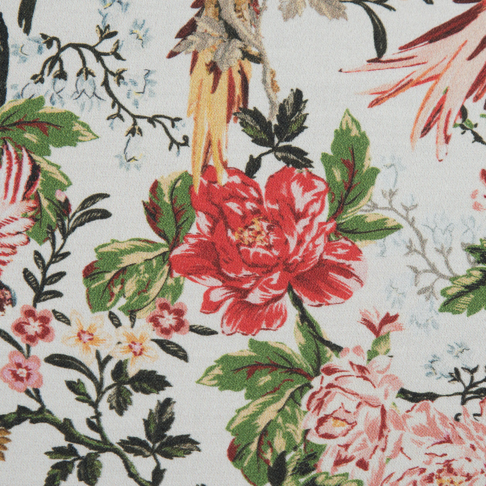 Stretch Cotton Sateen - - Parrots Play Amongst Flowers Print - Mood Exclusive Aloha Collection