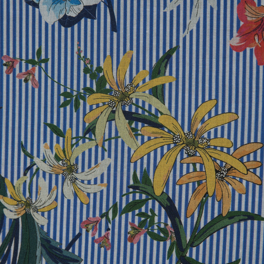 Cotton Voile - Florals on White and Blue Stripes - Ganesh's Epiphany Print - Mood Exclusive Surya Collection