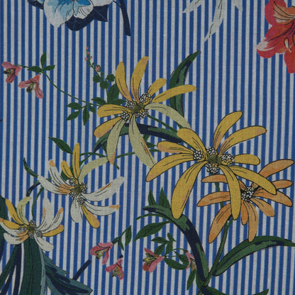 Cotton Voile - Florals on White and Blue Stripes - Ganesh's Epiphany Print - Mood Exclusive Surya Collection