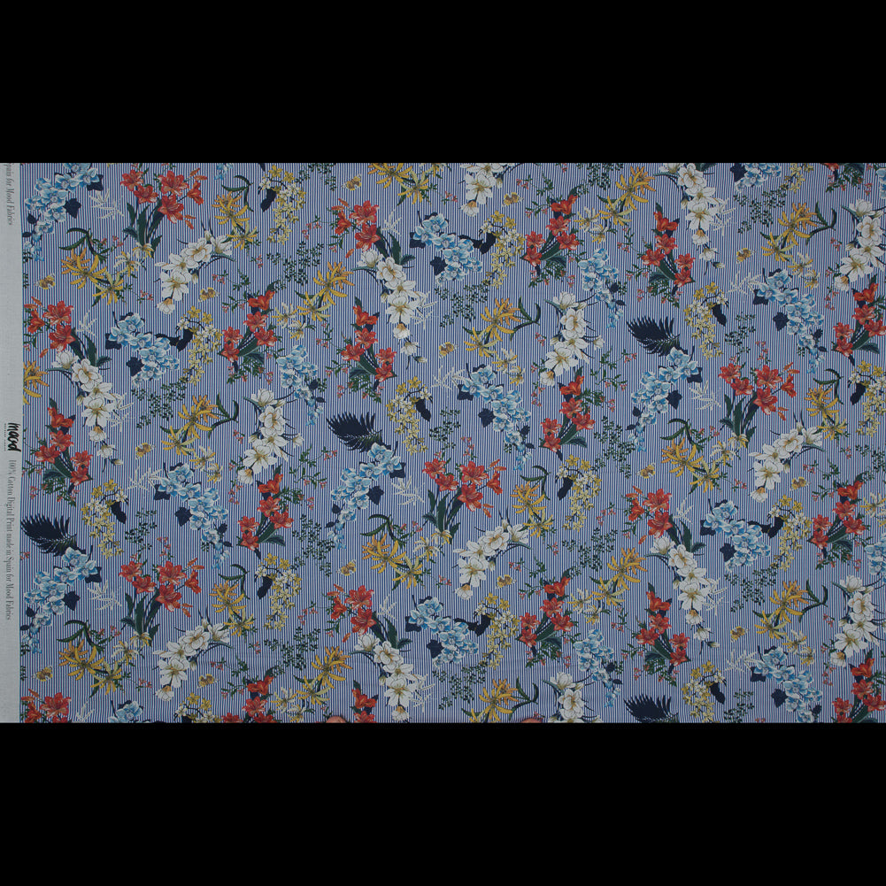 Cotton Voile - Florals on White and Blue Stripes - Ganesh's Epiphany Print - Mood Exclusive Surya Collection