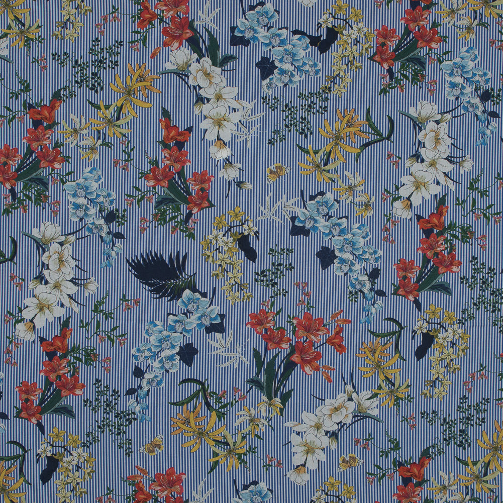 Cotton Voile - Florals on White and Blue Stripes - Ganesh's Epiphany Print - Mood Exclusive Surya Collection