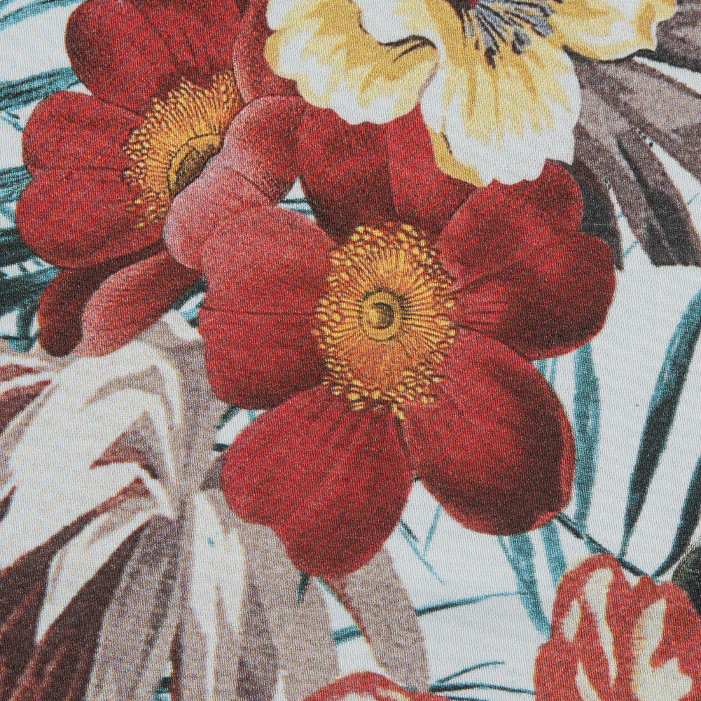 Satén de algodón elástico - Estampado floral tropical azul y amarillo - Estampado de la sabiduría de Ganesh - Colección exclusiva Surya de Mood