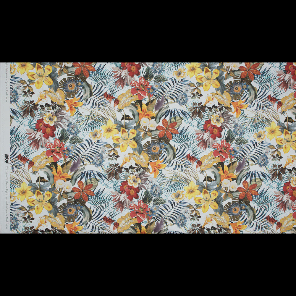 Satén de algodón elástico - Estampado floral tropical azul y amarillo - Estampado de la sabiduría de Ganesh - Colección exclusiva Surya de Mood