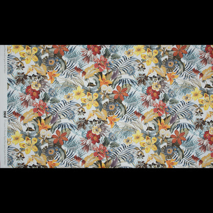 Satén de algodón elástico - Estampado floral tropical azul y amarillo - Estampado de la sabiduría de Ganesh - Colección exclusiva Surya de Mood