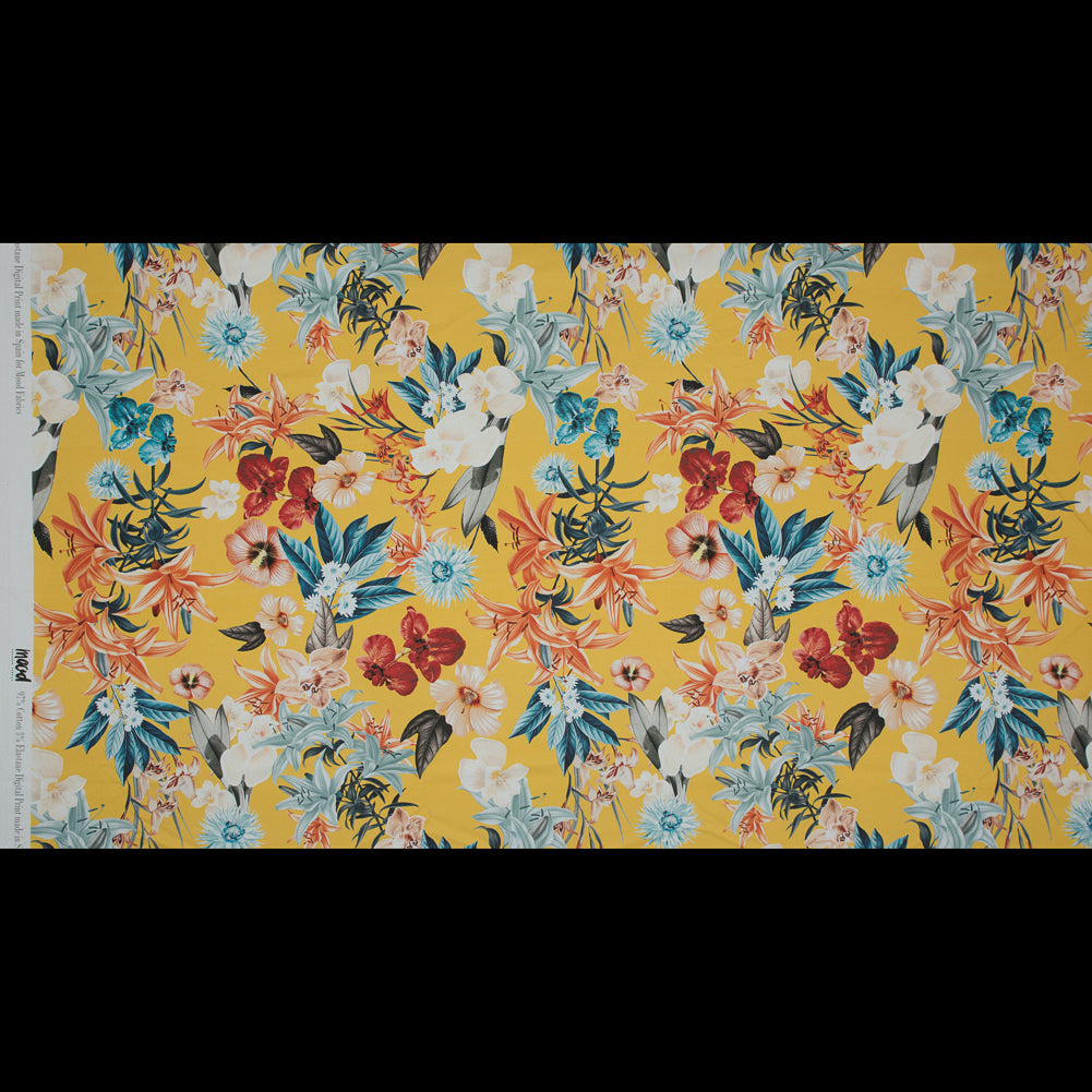 Satén de algodón elástico - Estampado floral amarillo - Estampado de la determinación de Maharudra Shiva - Colección Surya exclusiva de Mood