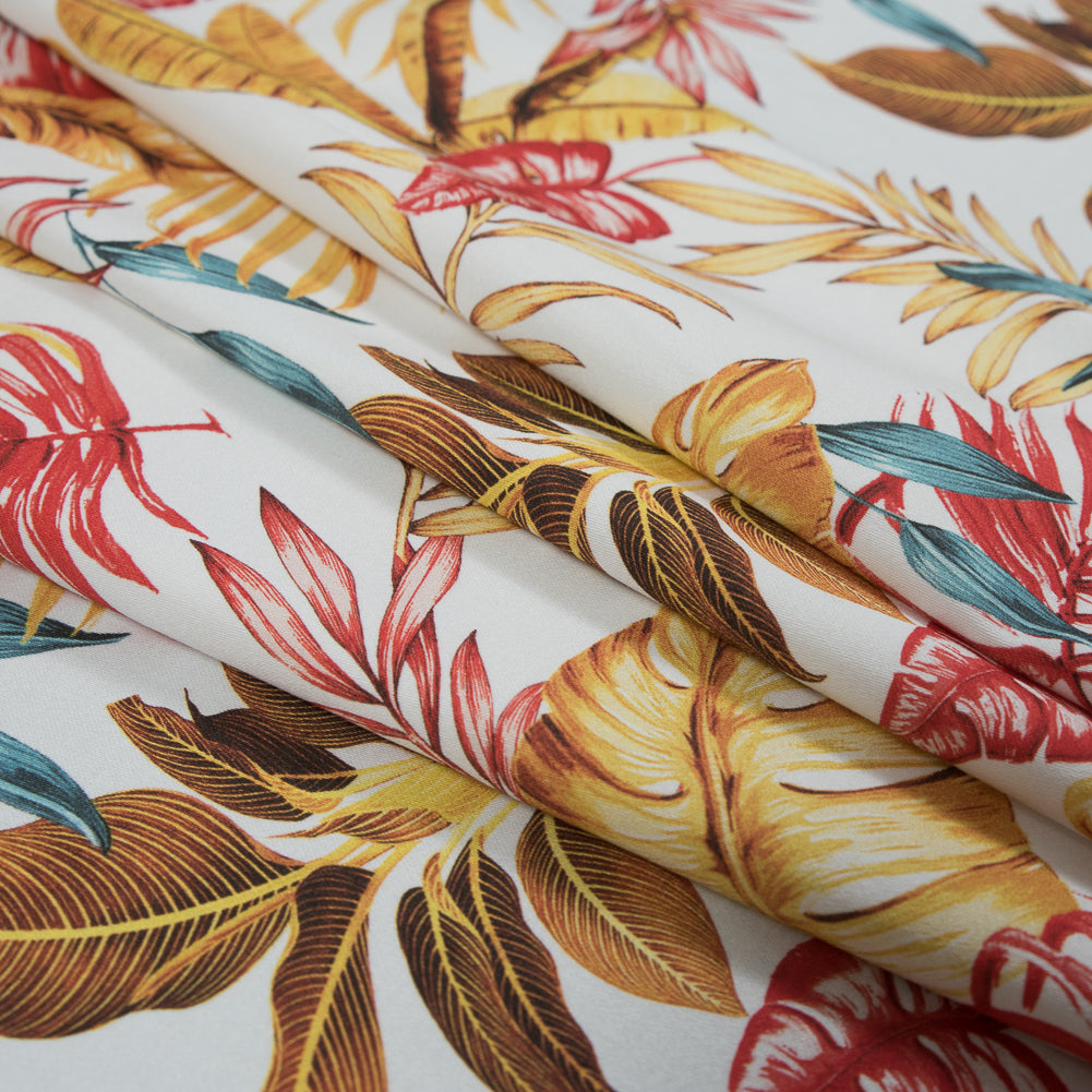 Satén de algodón elástico - Hojas rojas y amarillas - Estampado Tenacidad de Vishnu - Colección Surya exclusiva de Mood