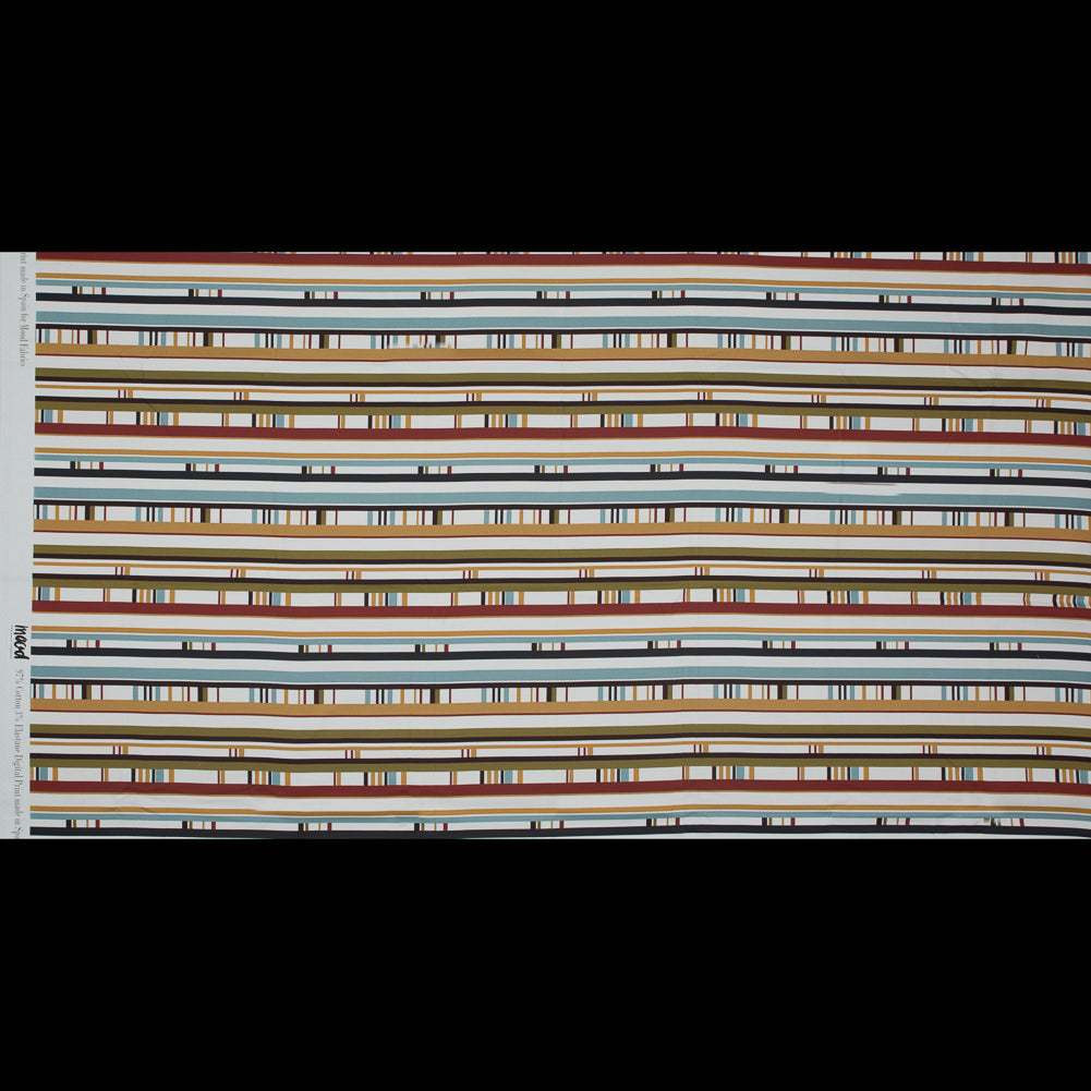 Stretch Cotton Sateen - Olive, Blue and Red Stripes - Sadashiva's Benevolence Print - Mood Exclusive Surya Collection