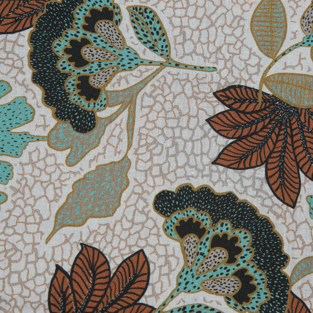 Cotton Voile - Red and Aqua Jacobean Floral - Sophistication of Change Print - Mood Exclusive Key Largo Collection - Detail