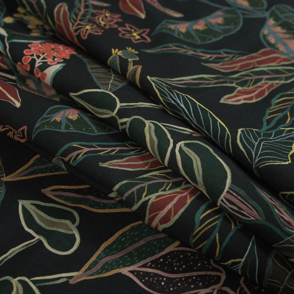 Cotton Voile - Black and Green Foliage - Mystery of Renewal Print - Mood Exclusive Key Largo Collection - Folded