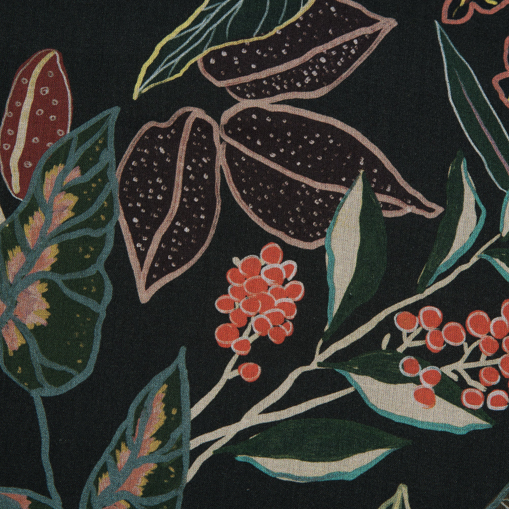 Cotton Voile - Black and Green Foliage - Mystery of Renewal Print - Mood Exclusive Key Largo Collection - Detail