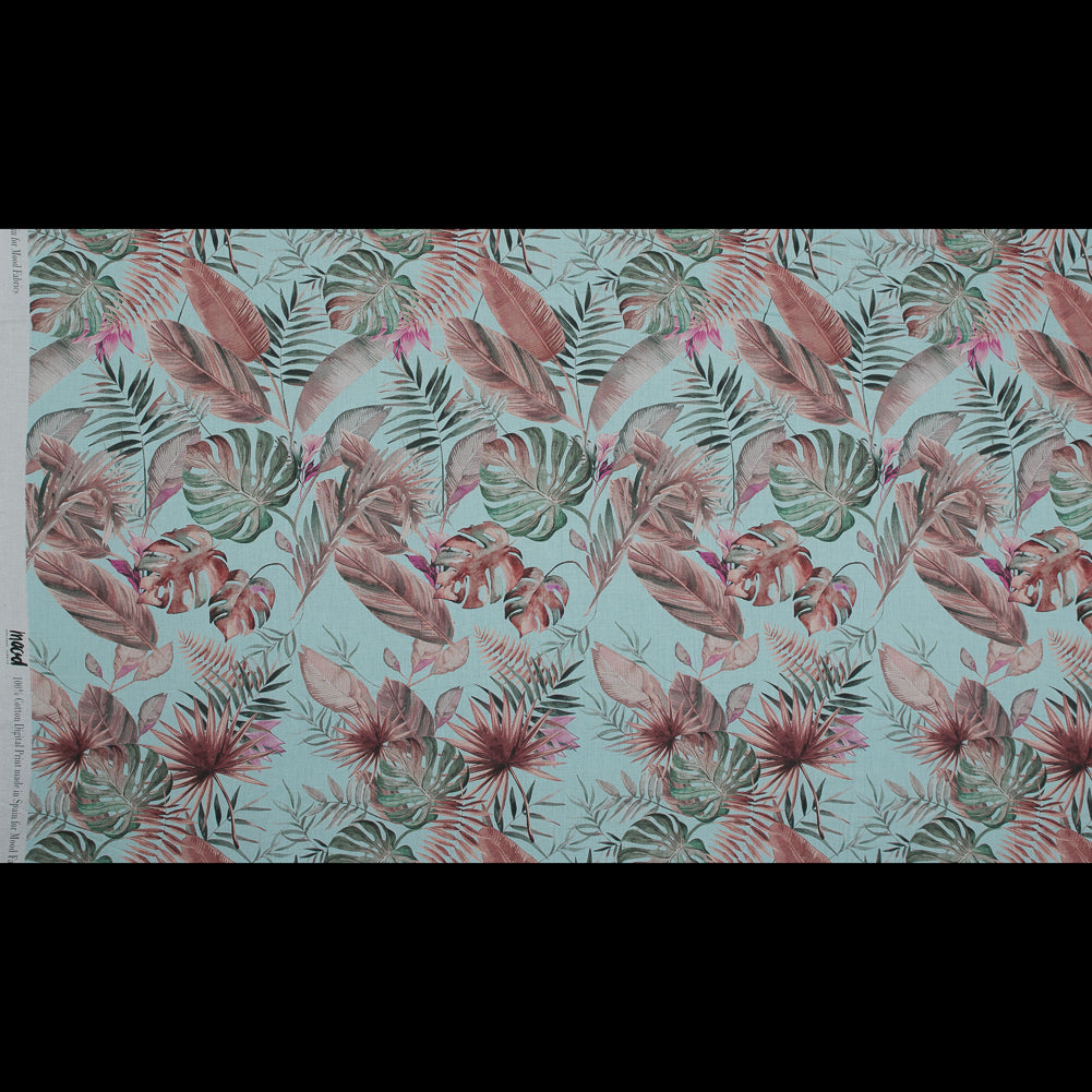 Cotton Voile - Aqua Tropical Leaves - Efficacy of Contentment Print - Mood Exclusive Key Largo Collection