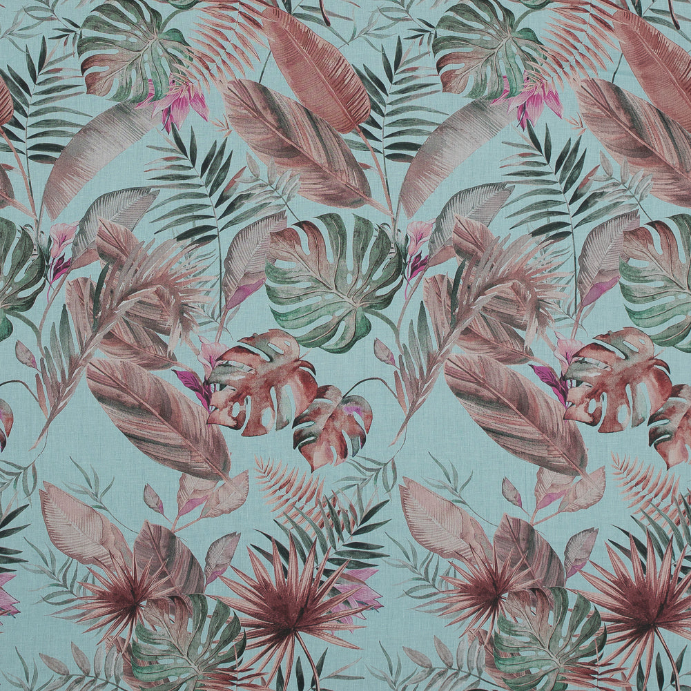 Cotton Voile - Aqua Tropical Leaves - Efficacy of Contentment Print - Mood Exclusive Key Largo Collection