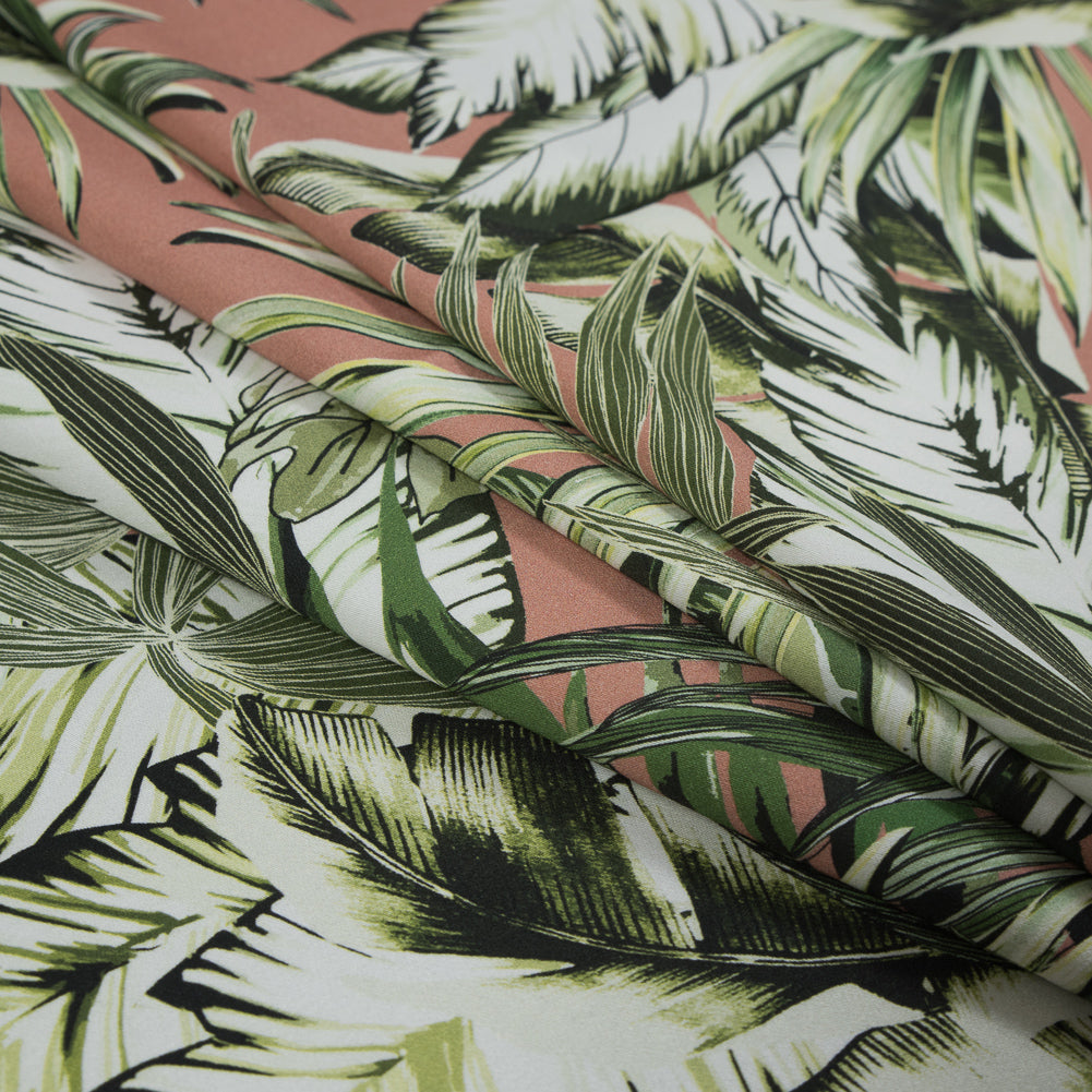 Satén de algodón elástico - Hojas de palma rosas y verdes - Estampado Triunfo de la Claridad - Colección exclusiva Key Largo de Mood