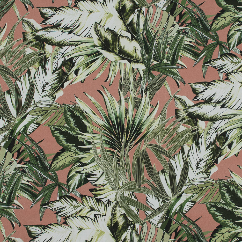 Stretch Cotton Sateen - Pink and Green Palm Leaves - Triumph of Clarity Print - Mood Exclusive Key Largo Collection