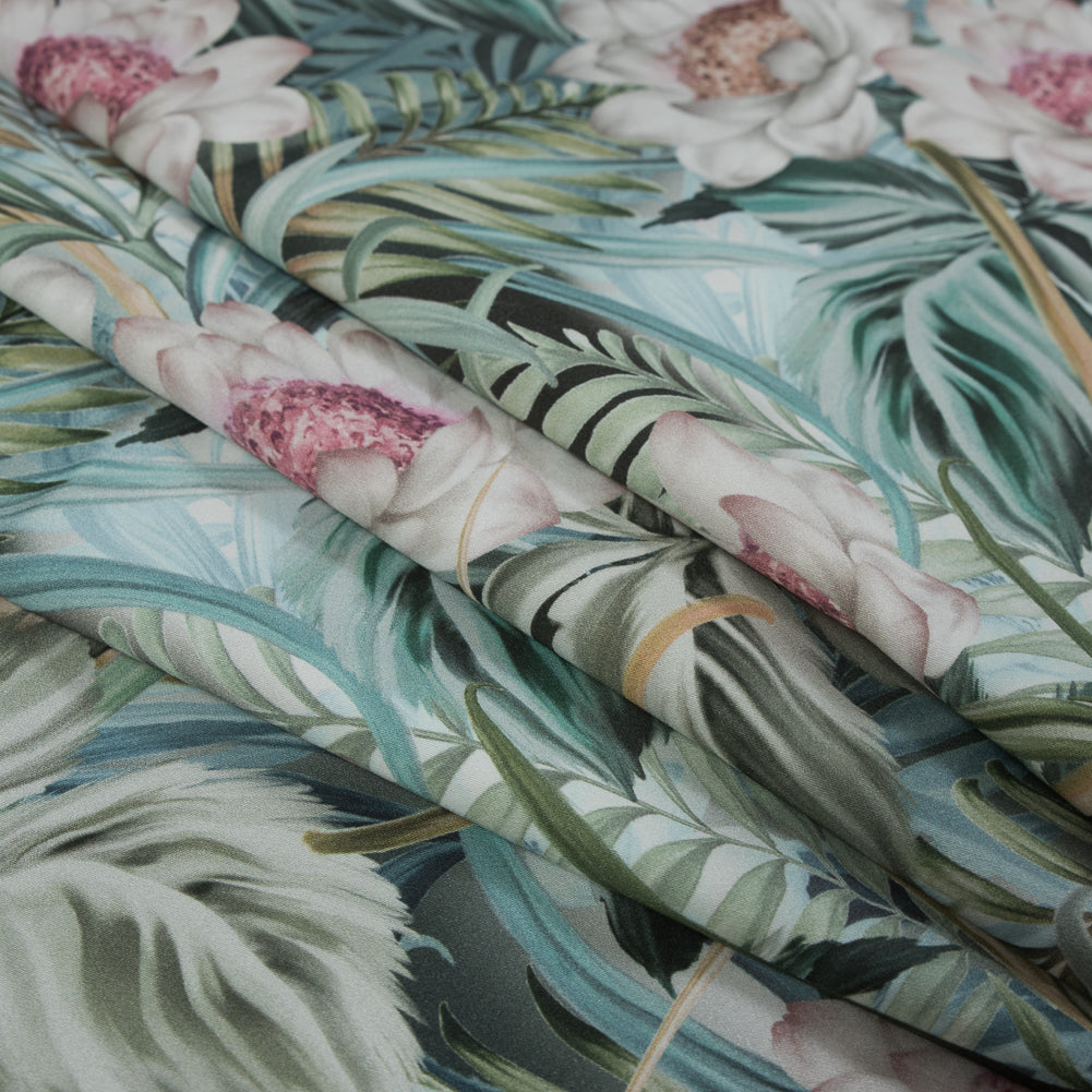 Stretch Cotton Sateen - Green Floral and Leaves - Warmth of Thoughtfulness Print - Mood Exclusive Key Largo Collection - Folded