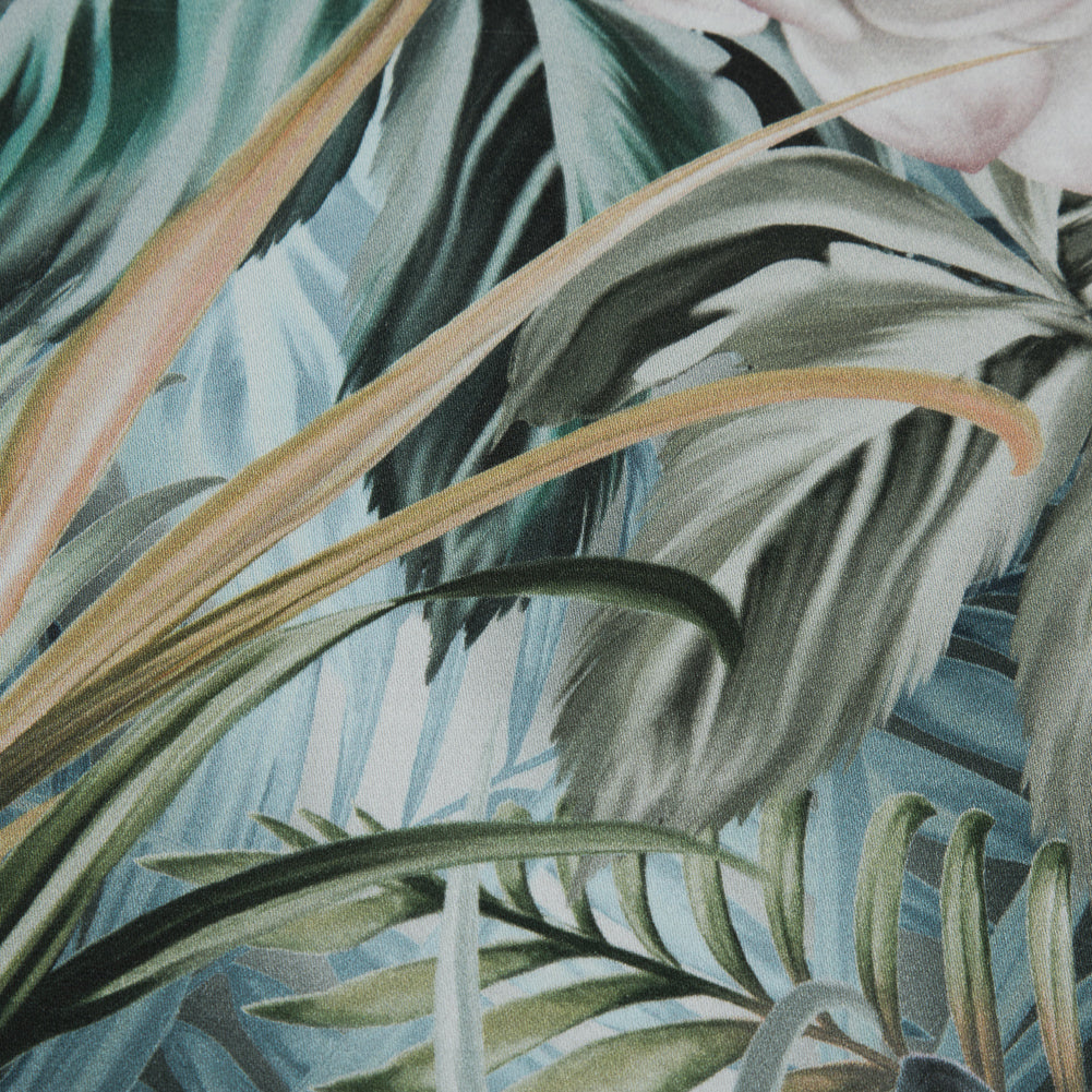 Stretch Cotton Sateen - Green Floral and Leaves - Warmth of Thoughtfulness Print - Mood Exclusive Key Largo Collection - Detail