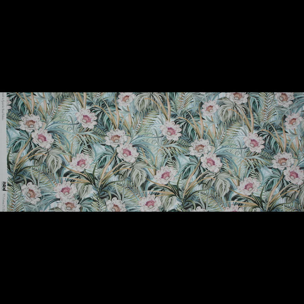 Stretch Cotton Sateen - Green Floral and Leaves - Warmth of Thoughtfulness Print - Mood Exclusive Key Largo Collection - Full