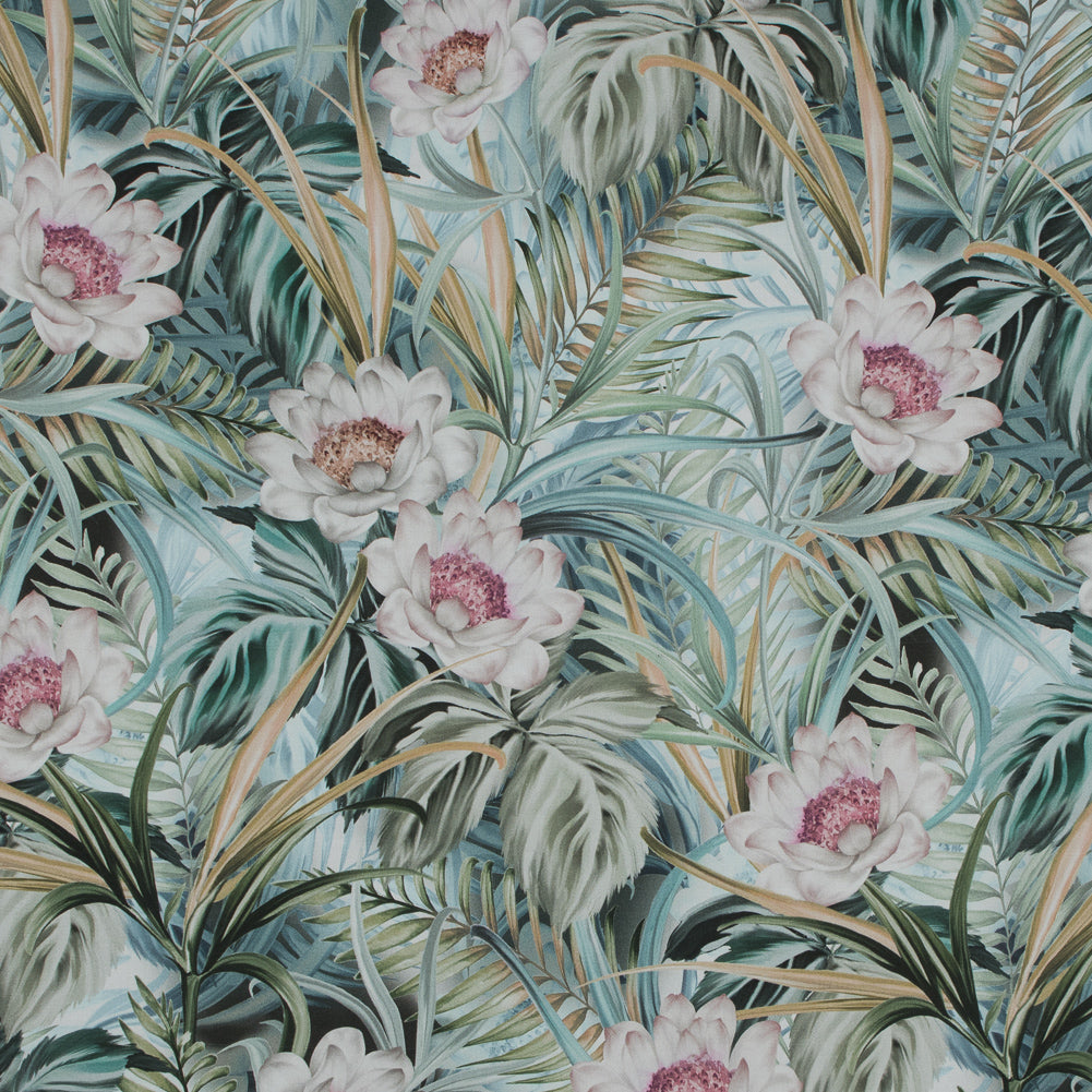 Stretch Cotton Sateen - Green Floral and Leaves - Warmth of Thoughtfulness Print - Mood Exclusive Key Largo Collection