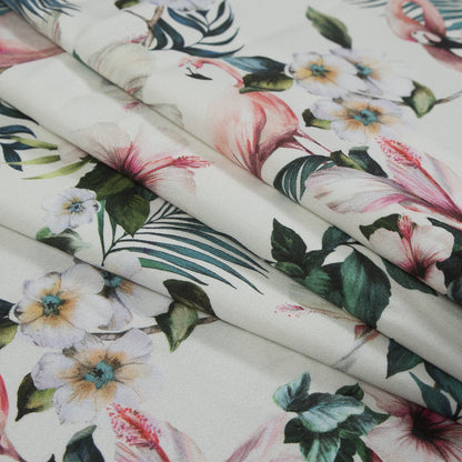 Stretch Cotton Sateen - White Flamingos and Leaves - Balance of Unity Print - Mood Exclusive Key Largo Collection