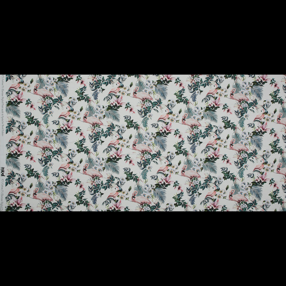 Stretch Cotton Sateen - White Flamingos and Leaves - Balance of Unity Print - Mood Exclusive Key Largo Collection